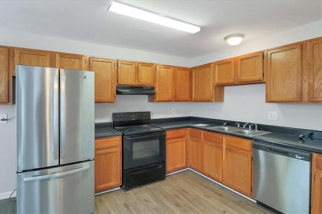 kitchen with appliances with stainless steel finishes, light hardwood / wood-style flooring, and sink