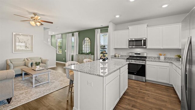 12086 Conrad Cir, Hampton, GA 30228 - kitchen with stainless steel appliances, open floor plan, ceiling fan, a kitchen island, and white cabinets