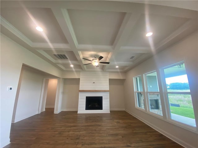 226 Montview Dr, Jefferson, GA 30549 - unfurnished living room featuring a ceiling fan, dark wood finished floors, coffered ceiling, baseboards, and a fireplace