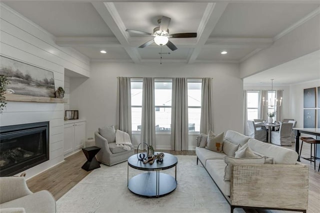 226 Montview Dr, Jefferson, GA 30549 - living area with light wood-style floors, ceiling fan, beamed ceiling, a glass covered fireplace, and recessed lighting