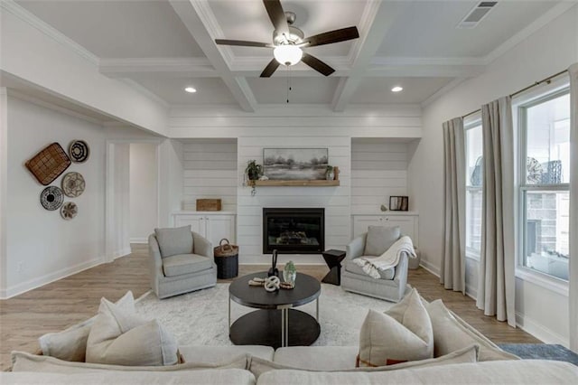 226 Montview Dr, Jefferson, GA 30549 - living room with plenty of natural light, light wood-style flooring, beam ceiling, ceiling fan, and recessed lighting