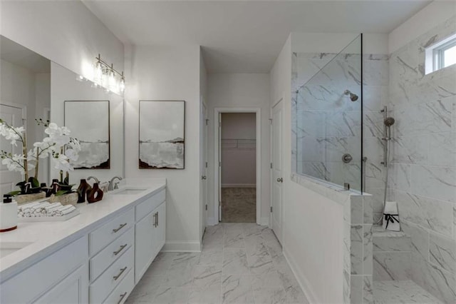 226 Montview Dr, Jefferson, GA 30549 - bathroom featuring marble finish floors, a marble finish shower, double vanity, and a walk in closet