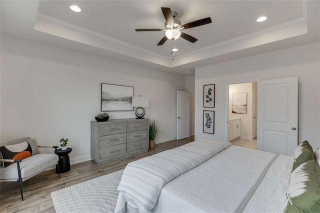 226 Montview Dr, Jefferson, GA 30549 - bedroom featuring a raised ceiling, light wood-type flooring, baseboards, recessed lighting, and ceiling fan