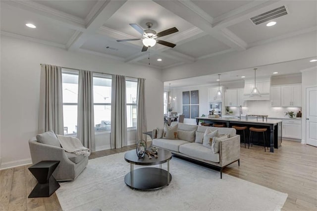 living room featuring coffered ceiling, beam ceiling, and light hardwood / wood-style flooring