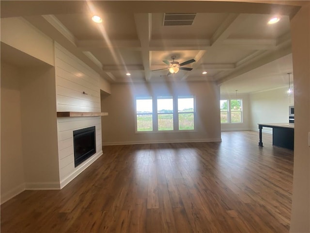 226 Montview Dr, Jefferson, GA 30549 - unfurnished living room with a fireplace, ceiling fan, coffered ceiling, dark wood-type flooring, and baseboards
