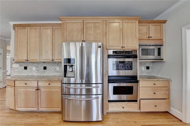 870 Longstone Lndg, Alpharetta, GA 30022 - kitchen with appliances with stainless steel finishes, light brown cabinetry, ornamental molding, and tasteful backsplash