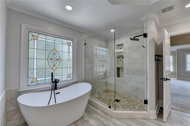 870 Longstone Lndg, Alpharetta, GA 30022 - full bath with a freestanding bath, ornamental molding, a shower stall, recessed lighting, and wood finished floors