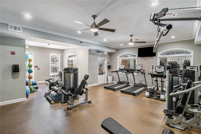 870 Longstone Lndg, Alpharetta, GA 30022 - gym featuring ornamental molding, recessed lighting, and a ceiling fan