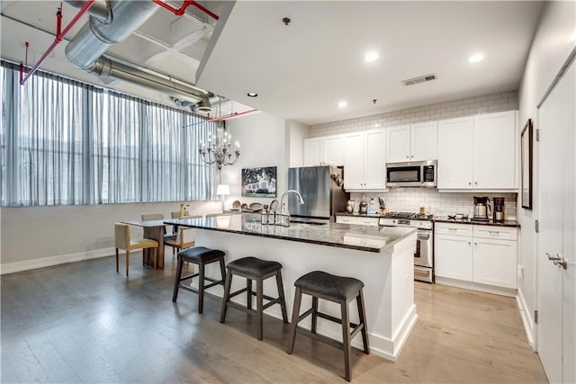 kitchen featuring stainless steel appliances, white cabinetry, a center island with sink, and a kitchen breakfast bar