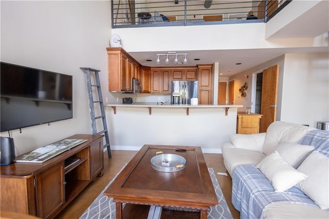 living room with a towering ceiling