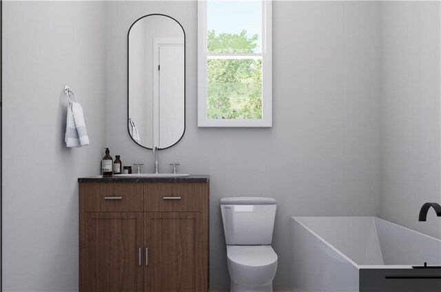 bathroom with a bathing tub, vanity, and toilet