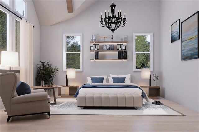 bedroom featuring an inviting chandelier, light hardwood / wood-style floors, multiple windows, and high vaulted ceiling