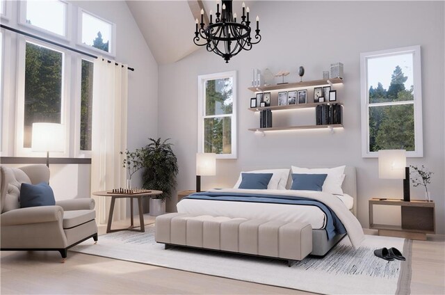 bedroom featuring light hardwood / wood-style flooring, a chandelier, multiple windows, and high vaulted ceiling