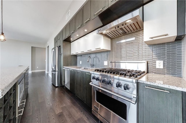 kitchen featuring a sink, visible vents, appliances with stainless steel finishes, wall chimney exhaust hood, and dark wood finished floors