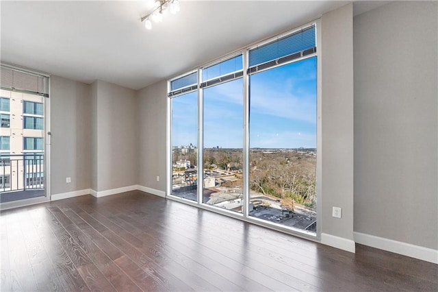 empty room featuring baseboards, a wall of windows, and wood finished floors