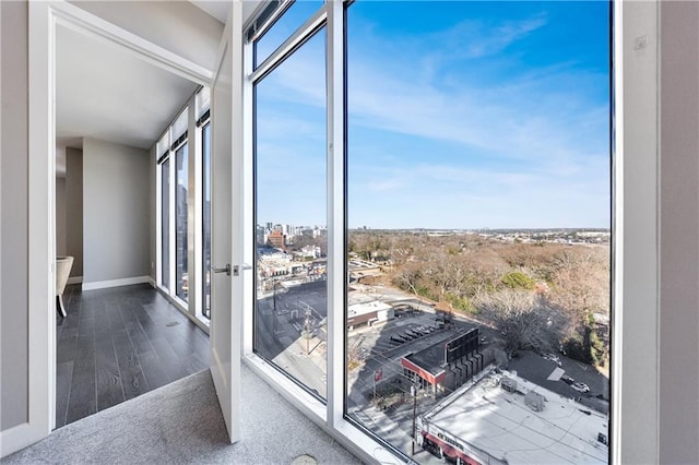 doorway to outside featuring baseboards, floor to ceiling windows, wood finished floors, and a healthy amount of sunlight