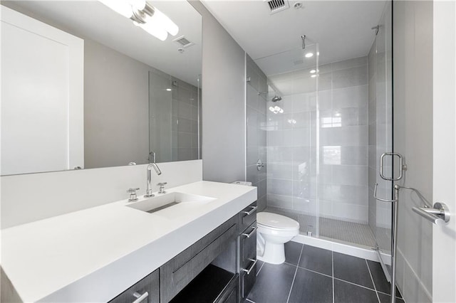 full bath with visible vents, toilet, vanity, a shower stall, and tile patterned floors