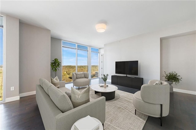 living room with expansive windows, baseboards, and wood finished floors