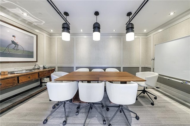 office featuring ornamental molding, recessed lighting, and a decorative wall