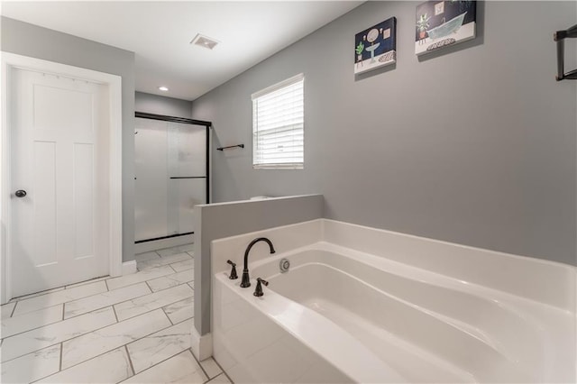 250 Silas Rd, Dahlonega, GA 30533 - bathroom with marble look tile flooring, a stall shower, a garden tub, and recessed lighting