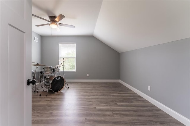 250 Silas Rd, Dahlonega, GA 30533 - additional living space featuring dark wood-style floors, lofted ceiling, a ceiling fan, and baseboards