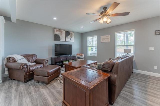 250 Silas Rd, Dahlonega, GA 30533 - living room featuring light wood-style floors, ceiling fan, baseboards, and recessed lighting