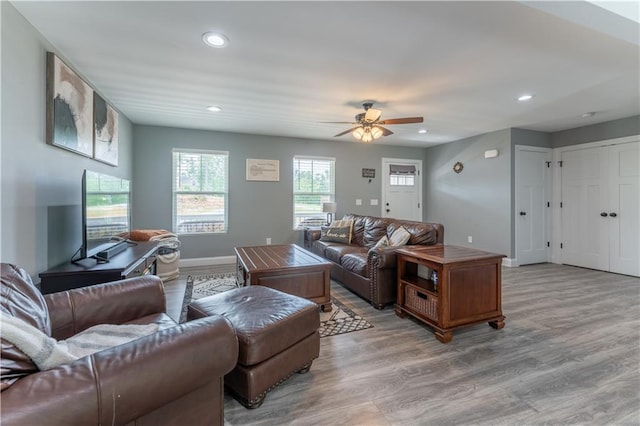 250 Silas Rd, Dahlonega, GA 30533 - living room featuring recessed lighting, ceiling fan, light wood-style floors, and baseboards