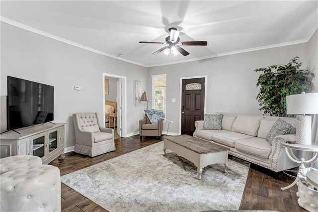 4481 Mclain Cir, Acworth, GA 30101 - living area featuring ceiling fan, baseboards, wood finished floors, and crown molding