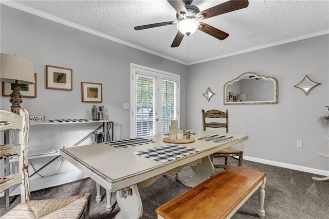 4481 Mclain Cir, Acworth, GA 30101 - dining space with baseboards, carpet floors, ceiling fan, ornamental molding, and a textured ceiling