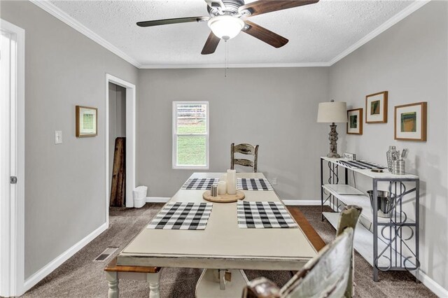 4481 Mclain Cir, Acworth, GA 30101 - carpeted dining area featuring ceiling fan, crown molding, baseboards, and a textured ceiling