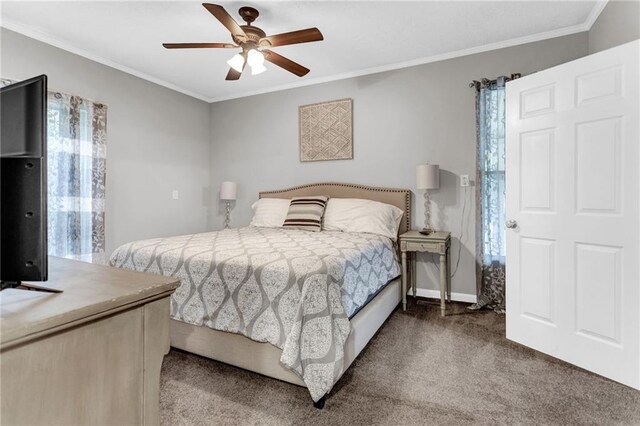 4481 Mclain Cir, Acworth, GA 30101 - bedroom featuring ceiling fan, baseboards, carpet floors, and ornamental molding