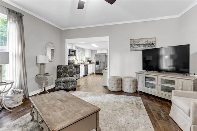 4481 Mclain Cir, Acworth, GA 30101 - living room with baseboards, a ceiling fan, dark wood-style flooring, and crown molding