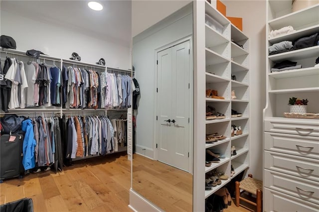 walk in closet with wood finished floors