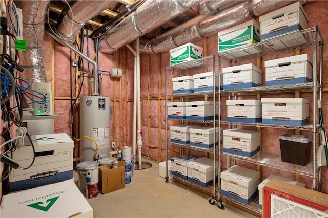 storage area featuring water heater