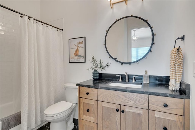 full bath featuring toilet, shower / bath combo, and vanity