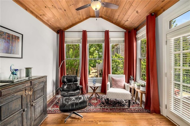 11271 Calypso Dr, Alpharetta, GA 30009 - sitting room with vaulted ceiling, light wood-type flooring, ceiling fan, and wooden ceiling