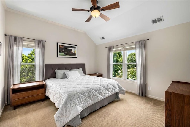 11271 Calypso Dr, Alpharetta, GA 30009 - carpeted bedroom with multiple windows, vaulted ceiling, ceiling fan, and ornamental molding