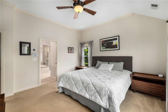 11271 Calypso Dr, Alpharetta, GA 30009 - carpeted bedroom featuring crown molding, lofted ceiling, a ceiling fan, and connected bathroom
