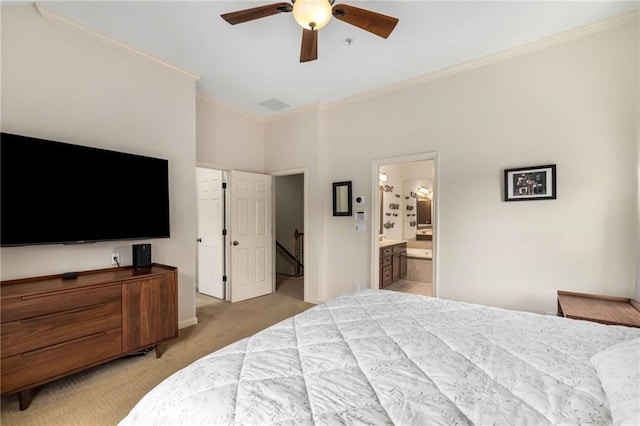 11271 Calypso Dr, Alpharetta, GA 30009 - bedroom with crown molding, light colored carpet, connected bathroom, and ceiling fan