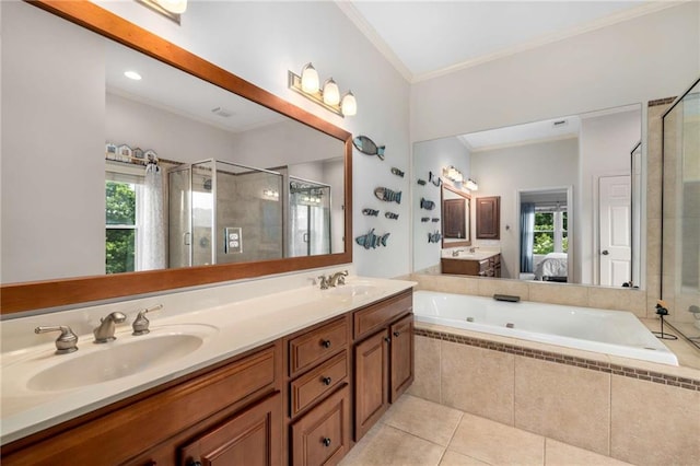 11271 Calypso Dr, Alpharetta, GA 30009 - full bath featuring a shower stall, double vanity, a whirlpool tub, ornamental molding, and tile patterned floors