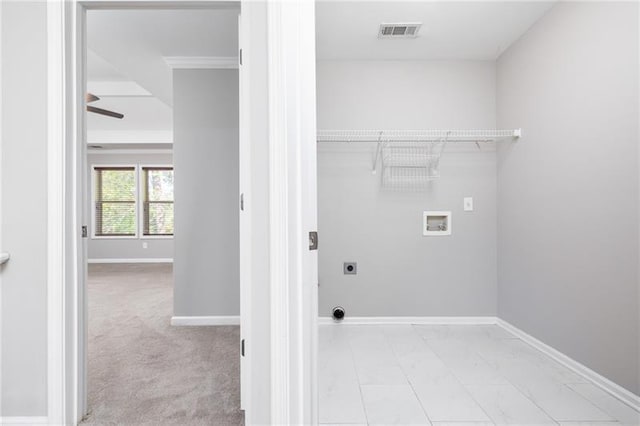 washroom featuring hookup for an electric dryer, light colored carpet, and hookup for a washing machine