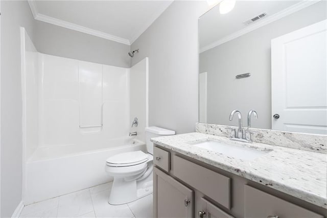 full bathroom featuring vanity, toilet, ornamental molding, and shower / washtub combination