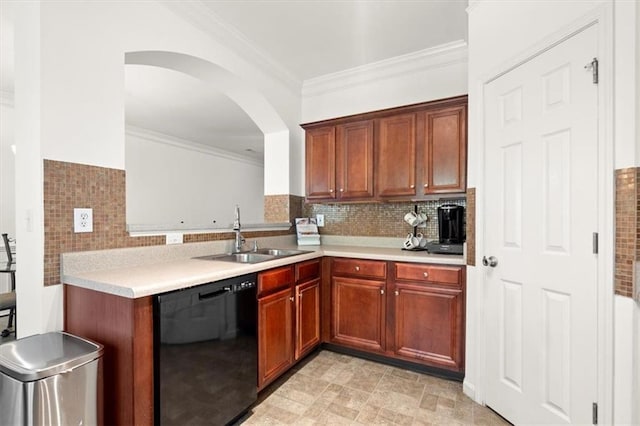 kitchen featuring backsplash, dishwasher, crown molding, and sink