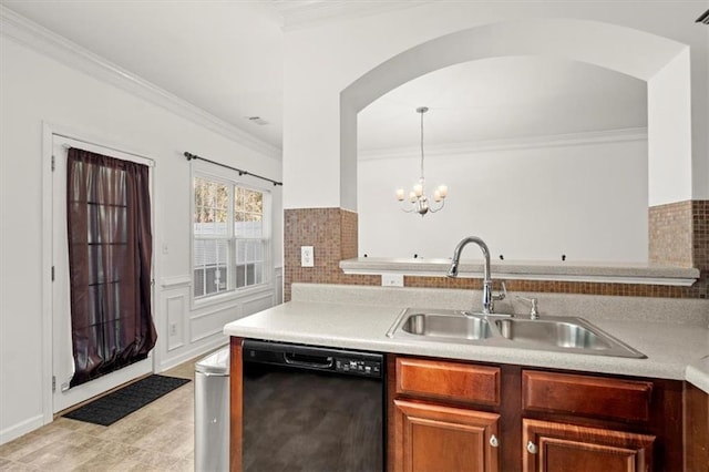 kitchen featuring dishwasher, sink, hanging light fixtures, an inviting chandelier, and crown molding