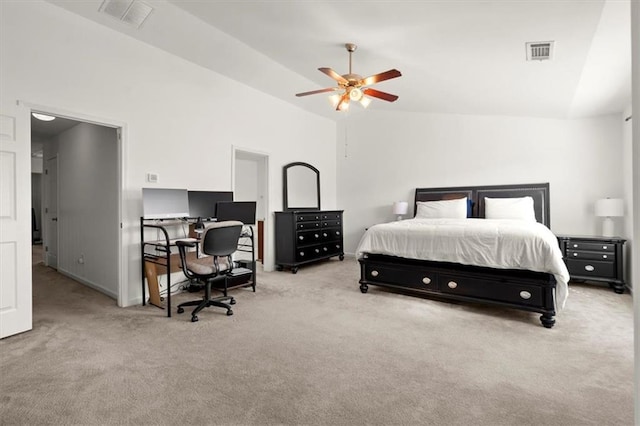 bedroom featuring light carpet, ceiling fan, and lofted ceiling