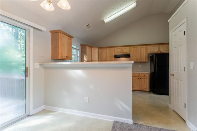 5033 Kens Ct, Stockbridge, GA 30281 - kitchen with freestanding refrigerator, lofted ceiling, light countertops, under cabinet range hood, and a peninsula