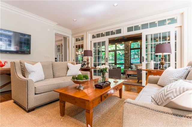 living room featuring ornamental molding and hardwood / wood-style floors