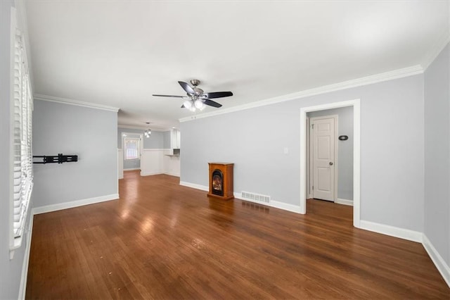 2100 Shady Ln, Tucker, GA 30084 - unfurnished living room with ceiling fan, crown molding, wood finished floors, and baseboards