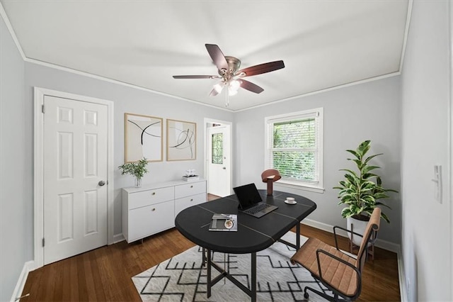 2100 Shady Ln, Tucker, GA 30084 - office area with ceiling fan, baseboards, ornamental molding, and dark wood-style floors