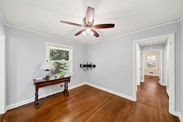 2100 Shady Ln, Tucker, GA 30084 - empty room featuring attic access, wood finished floors, a ceiling fan, baseboards, and crown molding